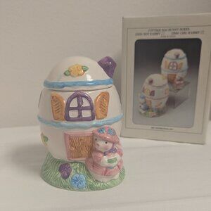 Vintage Cottage Egg Bunny Box Girl Easter Rabbit Keepsake with Pink Dress